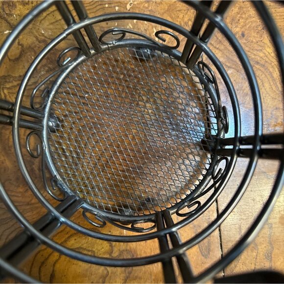Vintage Black Metal Utensil Holder With Scrollwork Design & Mesh Bottom - Picture 3 of 4